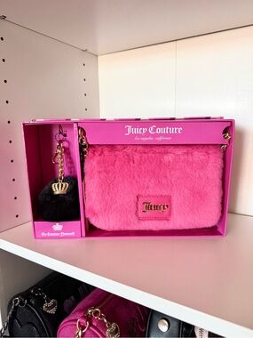 Juicy Couture “Free Love” Hot Pink Faux Fur Shoulder Bag with Pom Pom Charm
